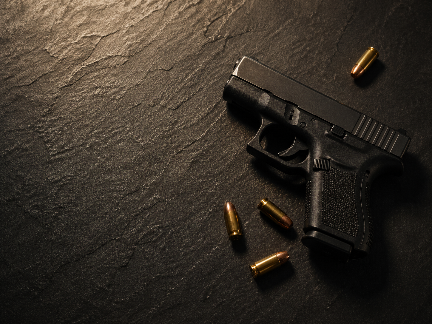 Compact defensive handgun with brass cartridges on dark slate